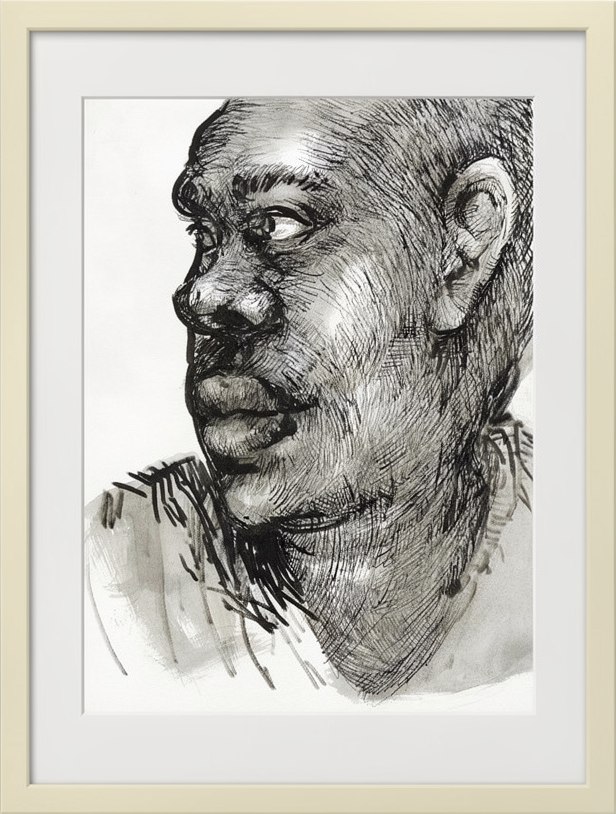 Attention — ink portrait of a face in three-quarter view