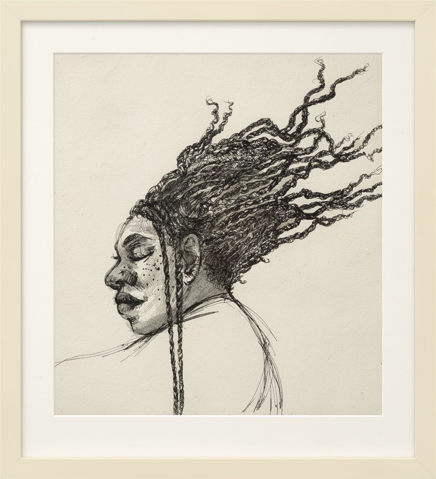 Close Your Eyes and See — ink portrait of a woman in profile, eyes closed, locs flowing