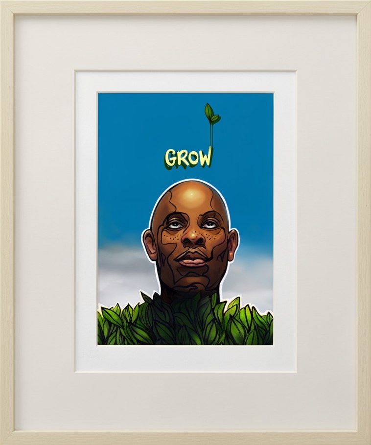Grow — digital illustration of a man rising from leaves with a sprout above his head