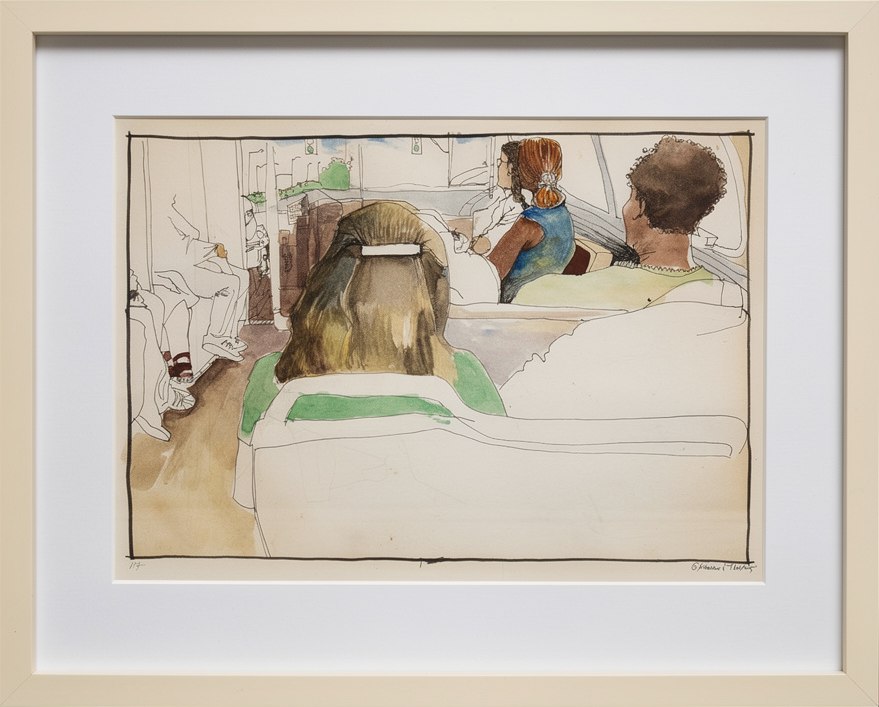 Looking Forward — ink and watercolour of transit riders seen from behind