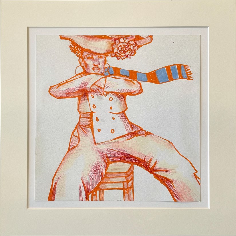 Sleeve Trick — orange ink drawing of a figure in a wide hat with a striped scarf