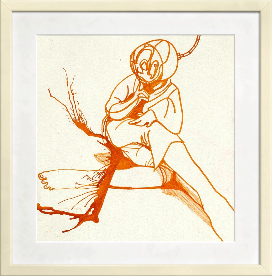 Untitled — orange ink drawing of a seated figure